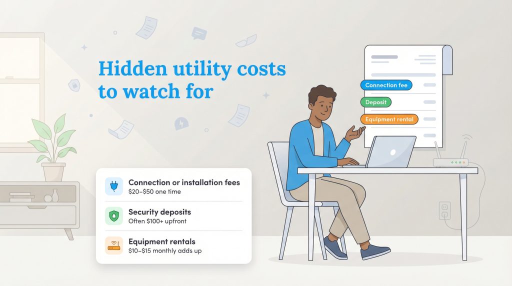 Infographic showing a man at a desk and a list of hidden utility costs like connection fees, deposits, and rentals.