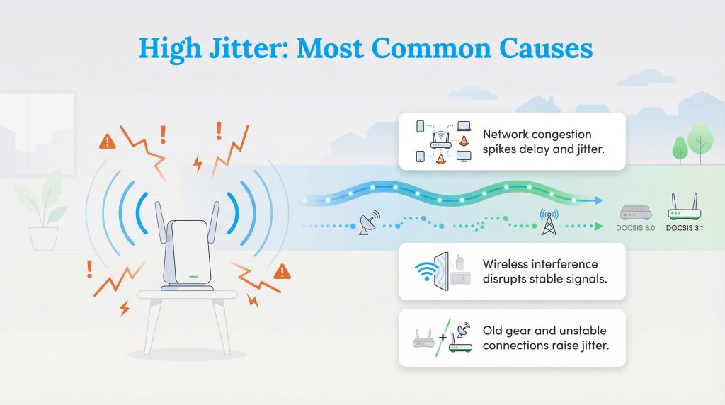 Diagram showing high jitter causes: network congestion, wireless interference, and old hardware.