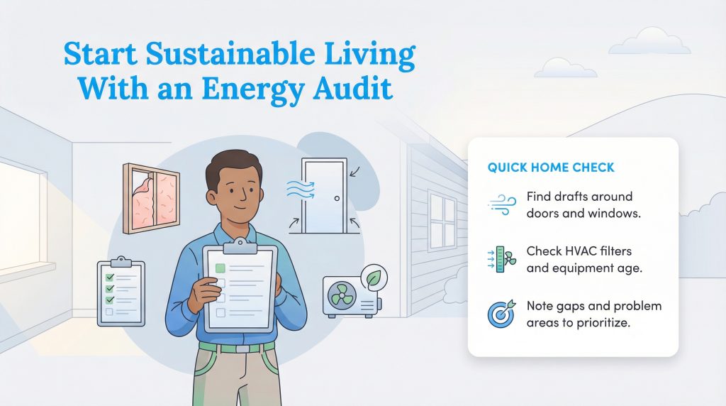 Illustration of a man performing a home energy audit with a checklist of things to inspect.
