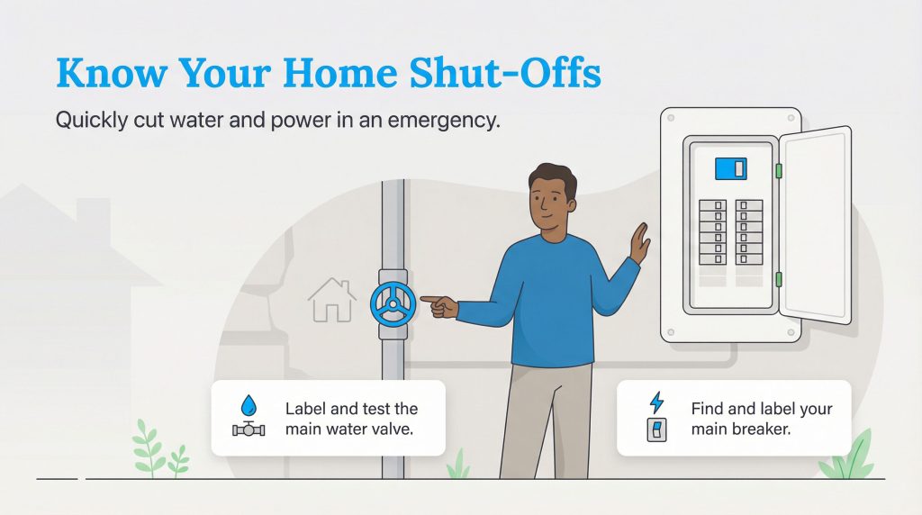 Illustration of a man pointing to a main water valve and a circuit breaker box with text labels.