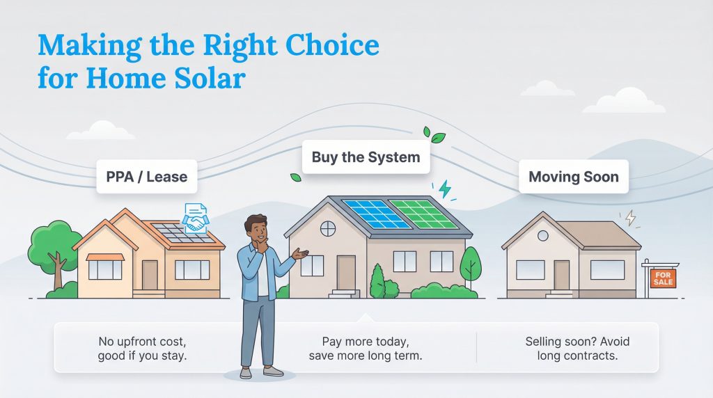 Infographic comparing three home solar options (PPA/Lease, Buy, Moving) with pros and cons for each.