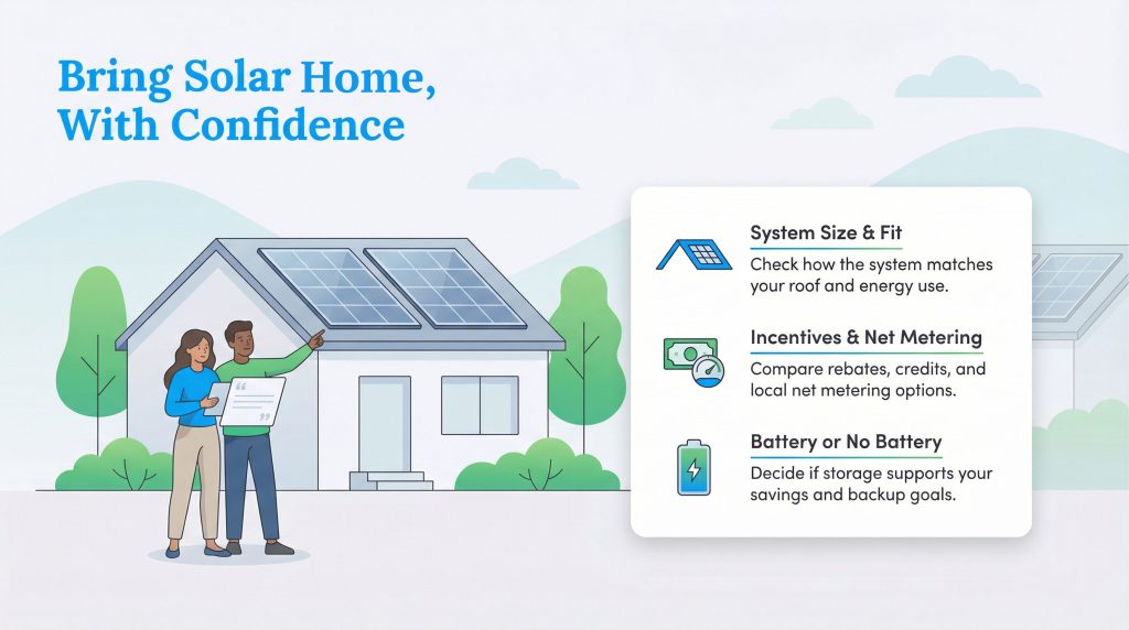 Couple looking at solar panels on a house next to a checklist of solar system considerations.