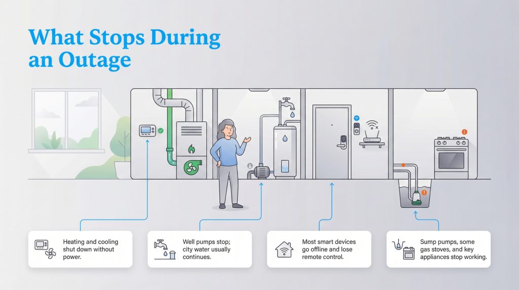 Infographic showing how a power outage affects heating, water, smart devices, and appliances.