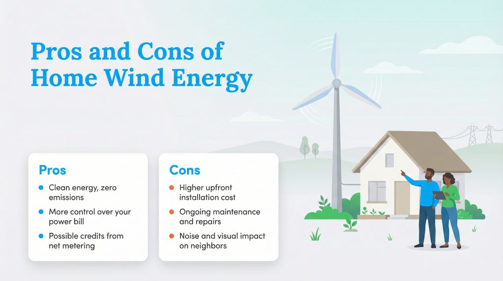 Infographic on the pros and cons of home wind energy, featuring a couple with a wind turbine.