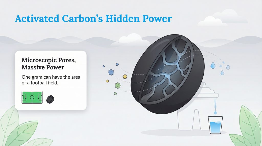 Diagram showing activated carbon's porous internal structure trapping contaminants from water.