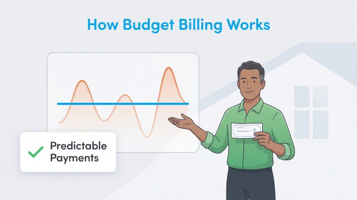 Man points to a graph showing flat budget billing payments, with text 'Predictable Payments'.
