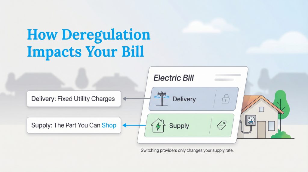 Infographic showing electric bill charges split into fixed delivery costs and shoppable supply costs.