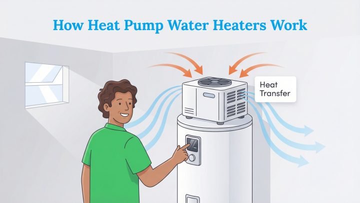 Diagram illustrating a person interacting with a heat pump water heater, showing heat transfer from the air to the unit.