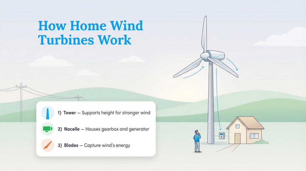 Diagram of a home wind turbine showing its tower, nacelle, and blades connected to a house.