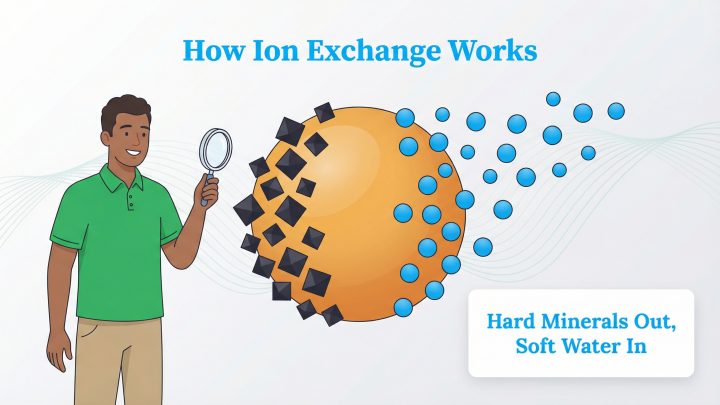 Illustration shows hard minerals sticking to a resin bead while soft water ions are released.