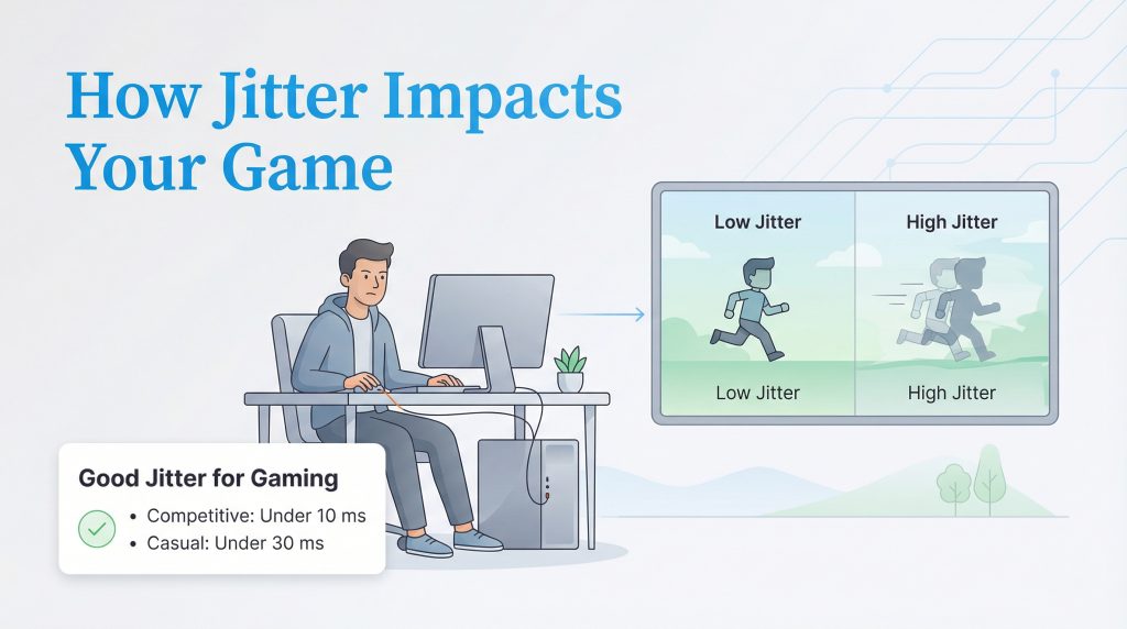 Infographic showing high jitter causing rubber-banding and listing good jitter speeds for gaming.