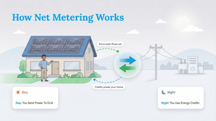 Diagram of a solar home sending excess power to the grid by day and using credits for power at night.