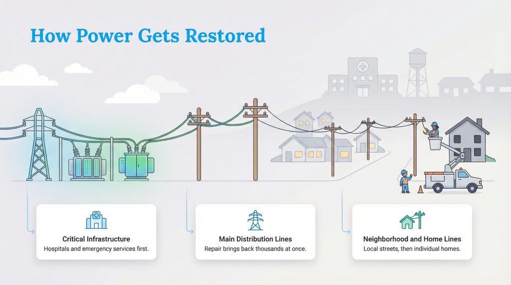 Infographic showing the stages of power restoration: critical infrastructure, main lines, then neighborhood and home lines.