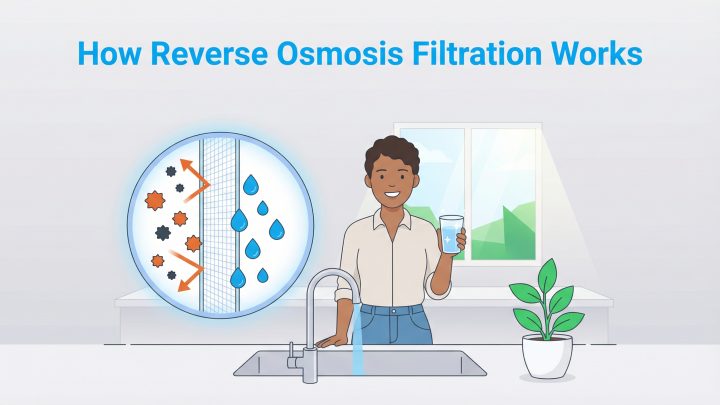 Diagram showing how reverse osmosis filters contaminants to provide clean drinking water.