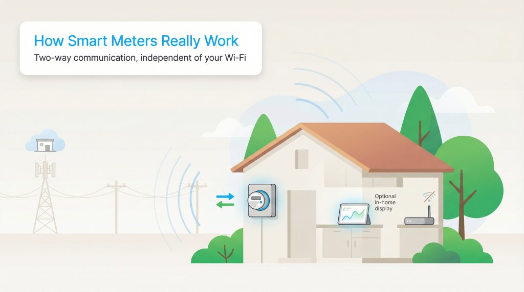 Infographic showing a smart meter on a house communicating directly with a cell tower, independent of home Wi-Fi.