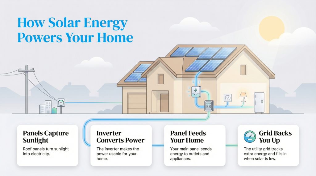 Infographic showing the four steps of how solar energy powers a home, from roof panels to the grid.