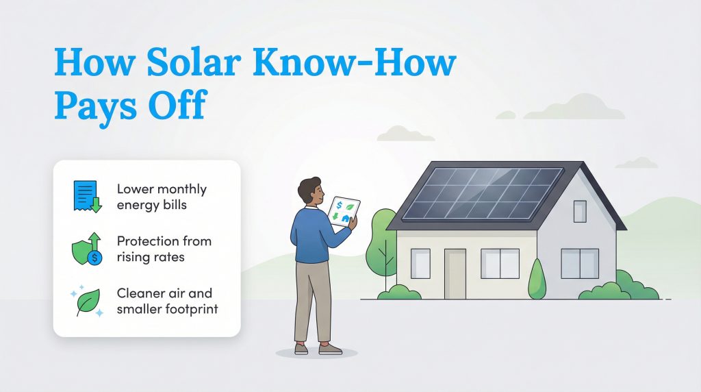 Illustration of a man viewing solar benefits: lower bills, rate protection, and cleaner air.
