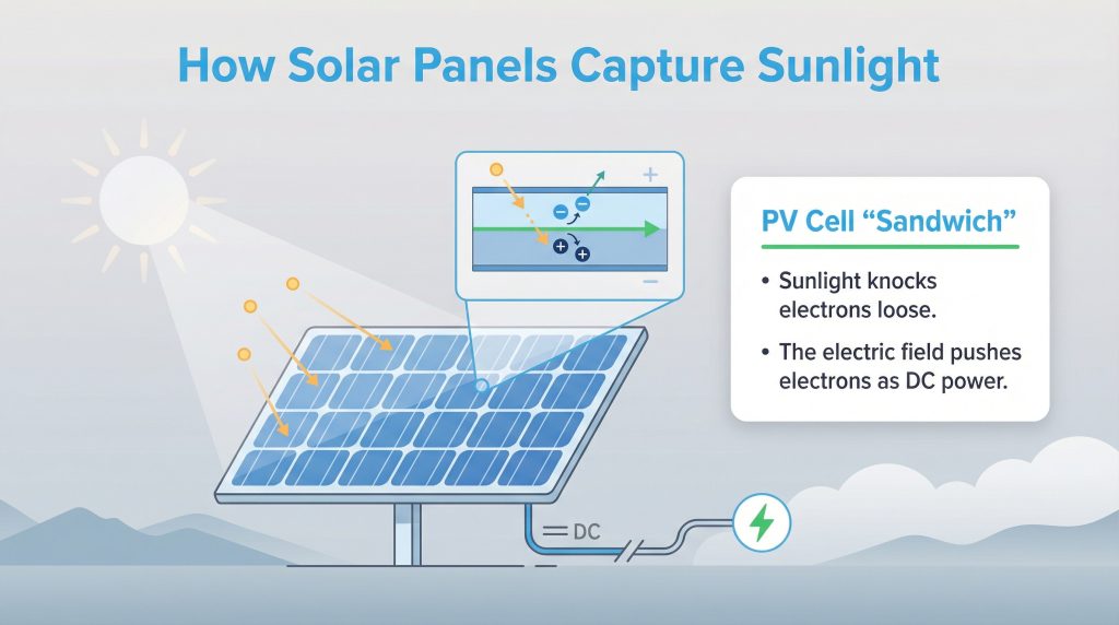 Diagram showing sunlight striking a solar panel, with a magnified view of a photovoltaic cell capturing electrons to create DC power.