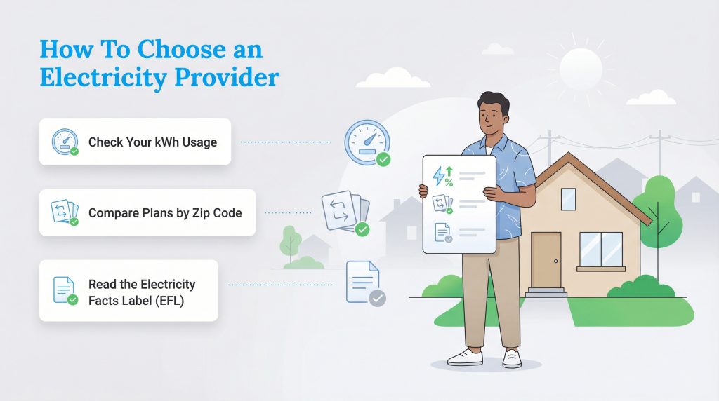 Steps to choose an electricity provider: Check kWh usage, compare plans by zip code, and read the EFL.