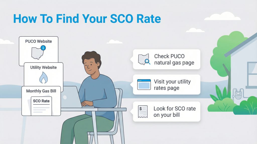 Infographic showing three sources for finding the SCO rate: PUCO website, utility website, and monthly gas bill.