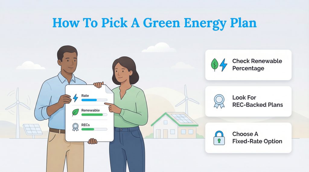 Couple reviews energy plan document with tips: check renewable %, look for RECs, choose fixed-rate.