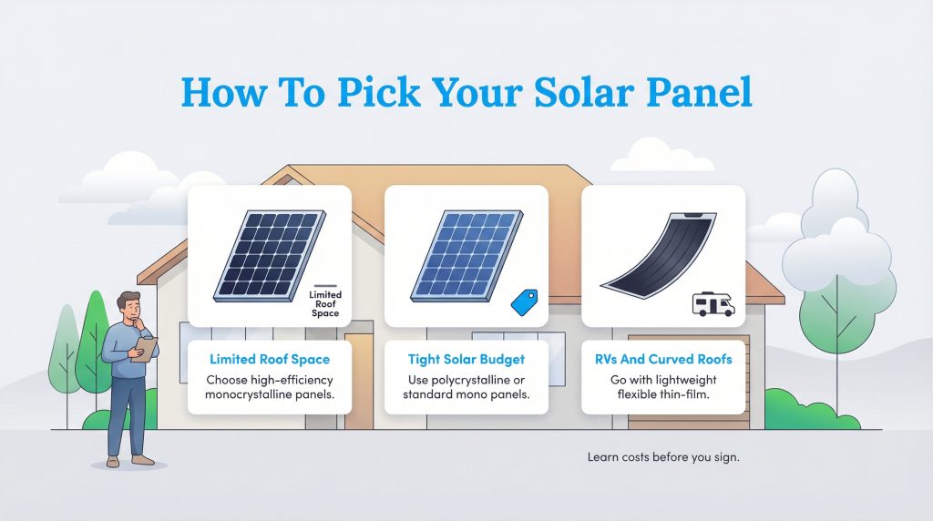 Infographic guide on picking solar panels for limited space, budgets, or RVs.