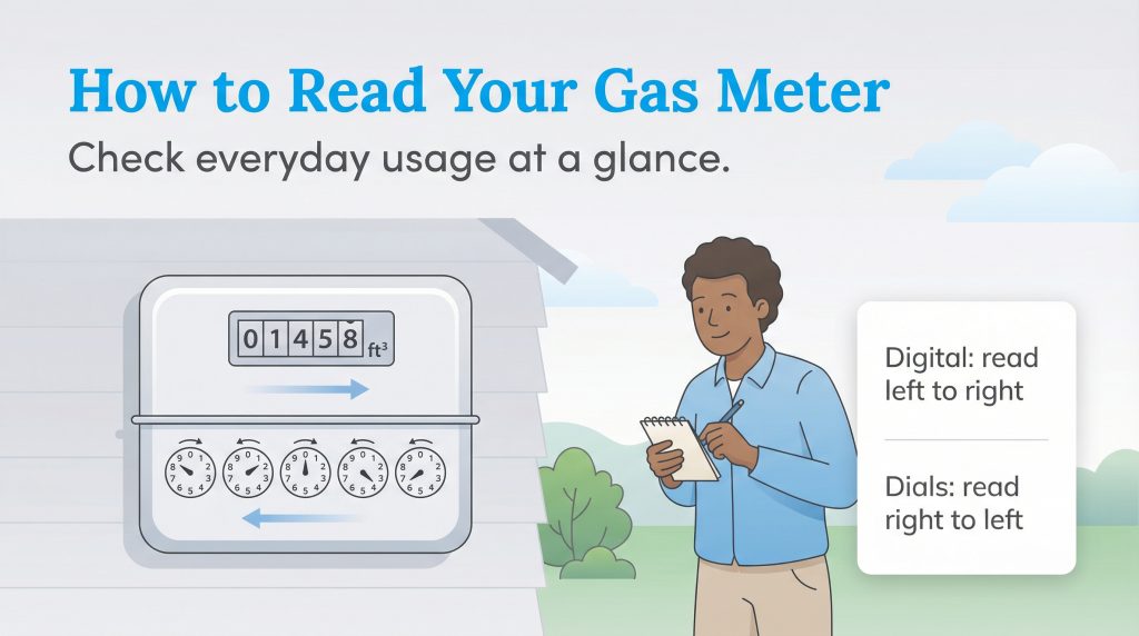 Infographic showing how to read digital and dial gas meters with directional arrows for each type.
