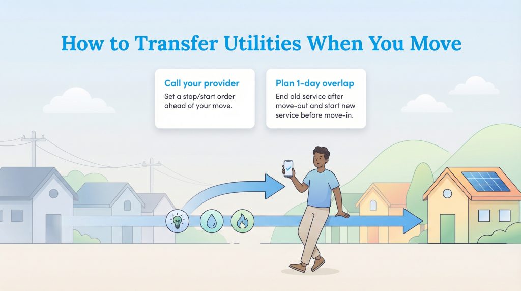 Illustration showing steps to transfer utilities: call provider to set stop/start order and plan a one-day overlap.