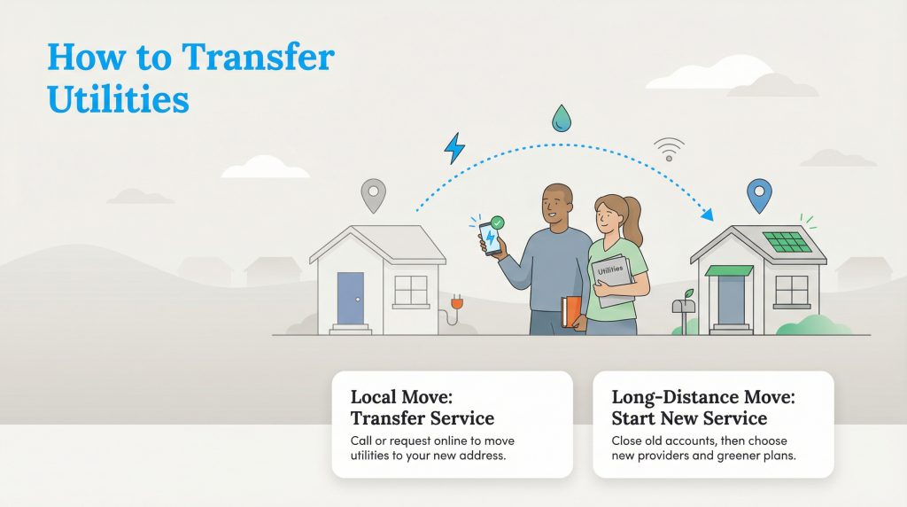 Illustration of a couple with utility icons, showing steps for local versus long-distance moves.