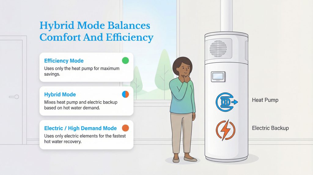 Infographic explaining Efficiency, Hybrid, and Electric modes of a hybrid heat pump water heater.