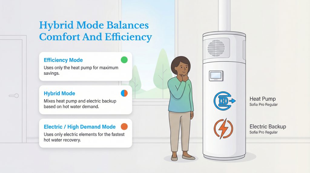 Infographic explaining Efficiency, Hybrid, and Electric modes of a hybrid heat pump water heater.