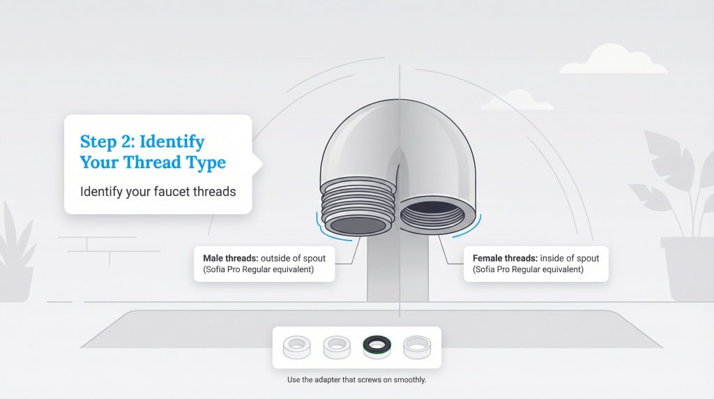 Diagram illustrating male (outer) versus female (inner) faucet threads for filter installation.