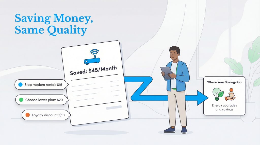 Illustration showing how $45 monthly internet savings can fund energy upgrades and personal savings.