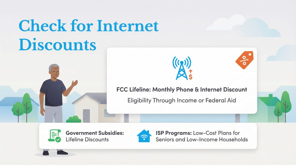 An illustration shows an older man and two information boxes detailing internet discount programs.