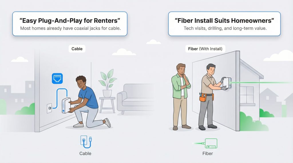 A comparison of easy cable internet self-installation for renters and fiber installation for homeowners.