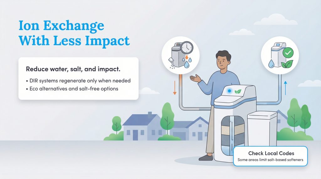 Illustration showing a man with an eco-friendly ion exchange water softener, highlighting reduced water and salt use.