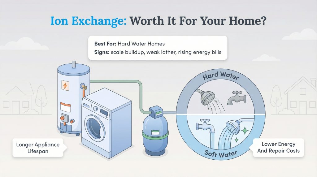 Diagram of an ion exchange system showing hard vs. soft water and benefits like longer appliance lifespan.