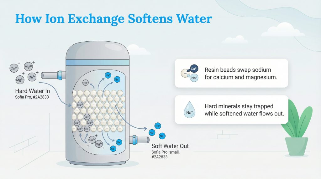 Diagram illustrating how ion exchange resin beads in a tank remove hard minerals from water.