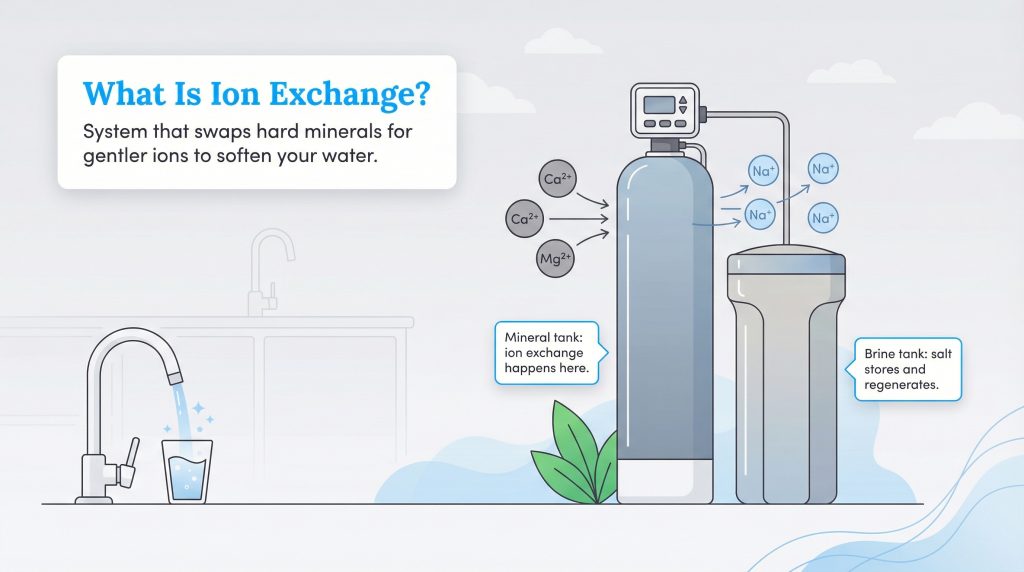 Diagram showing ion exchange water softening process, swapping calcium and magnesium for sodium.