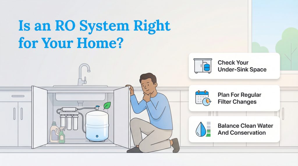 A man checks an under-sink reverse osmosis system, with a checklist for space, maintenance, and conservation.