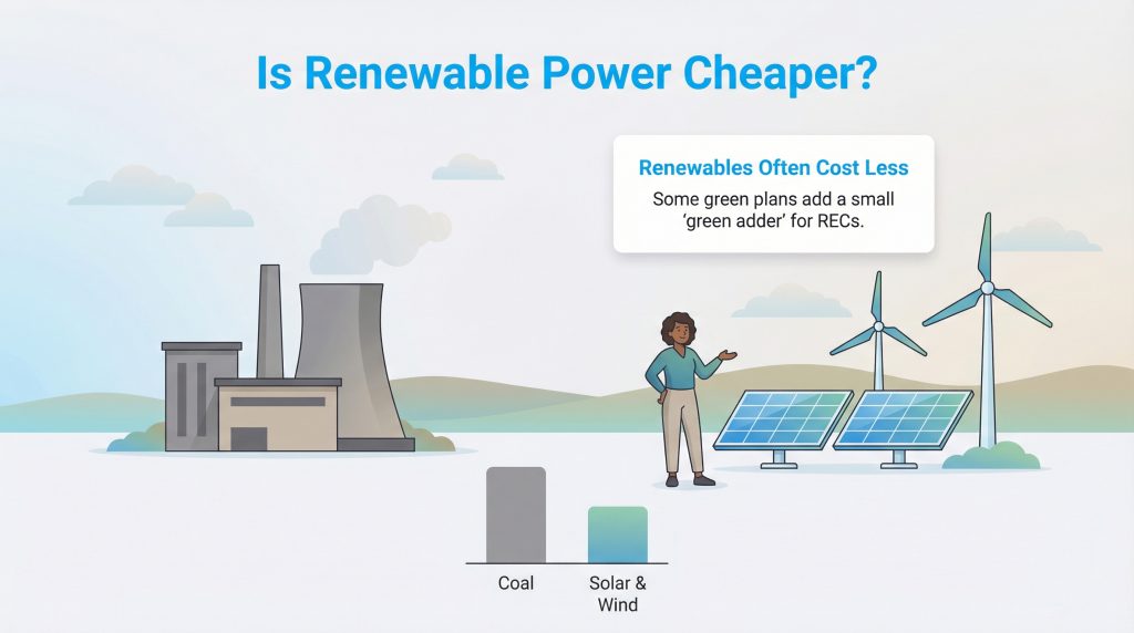 Illustration showing solar and wind power are cheaper than coal, with a note on 'green adders'.