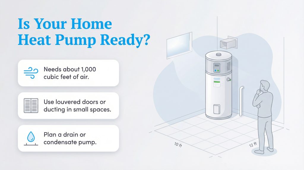 Infographic showing heat pump water heater installation requirements: airflow, ventilation, and drainage.