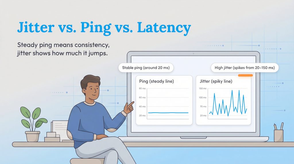 Illustration comparing a steady ping graph to a spiky high jitter graph on a computer monitor.