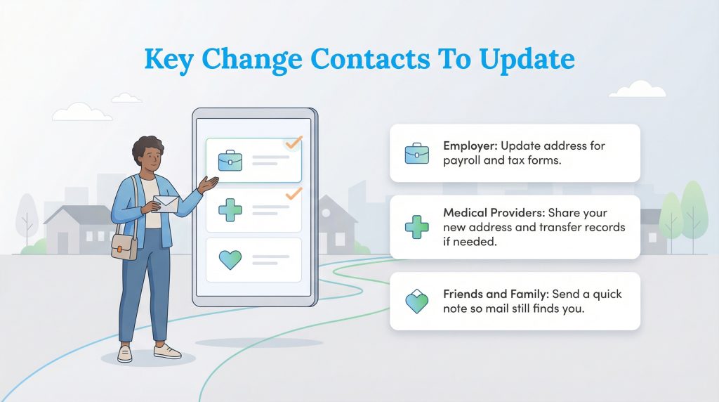Illustration of a woman and a tablet listing contacts to update during a move: Employer, Medical Providers, and Friends and Family.