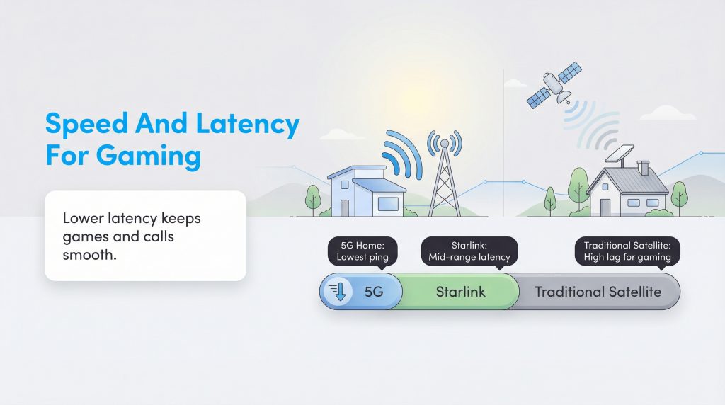 A chart compares gaming latency. 5G Home is lowest ping, Starlink is mid-range, Traditional Satellite has high lag.