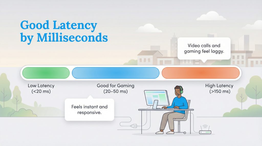 Chart showing latency ranges in milliseconds: Low (150ms) is laggy.