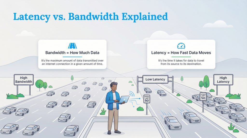 A diagram comparing latency and bandwidth using a highway analogy with cars, lanes, and speed limits.