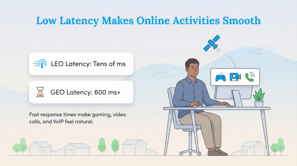 Illustration comparing low LEO latency (tens of ms) with high GEO latency (600 ms+).