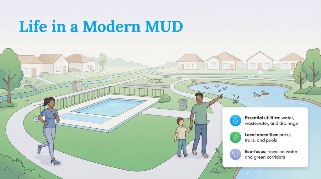 Illustration of a modern MUD neighborhood with a community pool, walking trails, and recycled water system for irrigation.