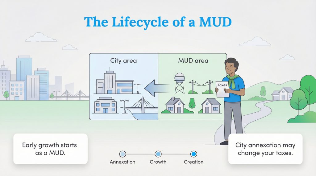 Diagram illustrating the MUD lifecycle from creation to city annexation, which may change taxes.